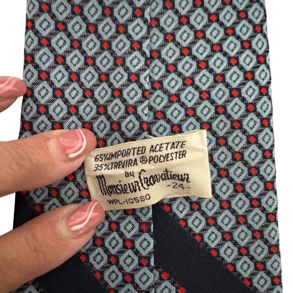 Vintage Monsieur Cravatieur Geometric Tie Blue Red Poly Blend Mens Necktie Offic - Picture 5 of 7